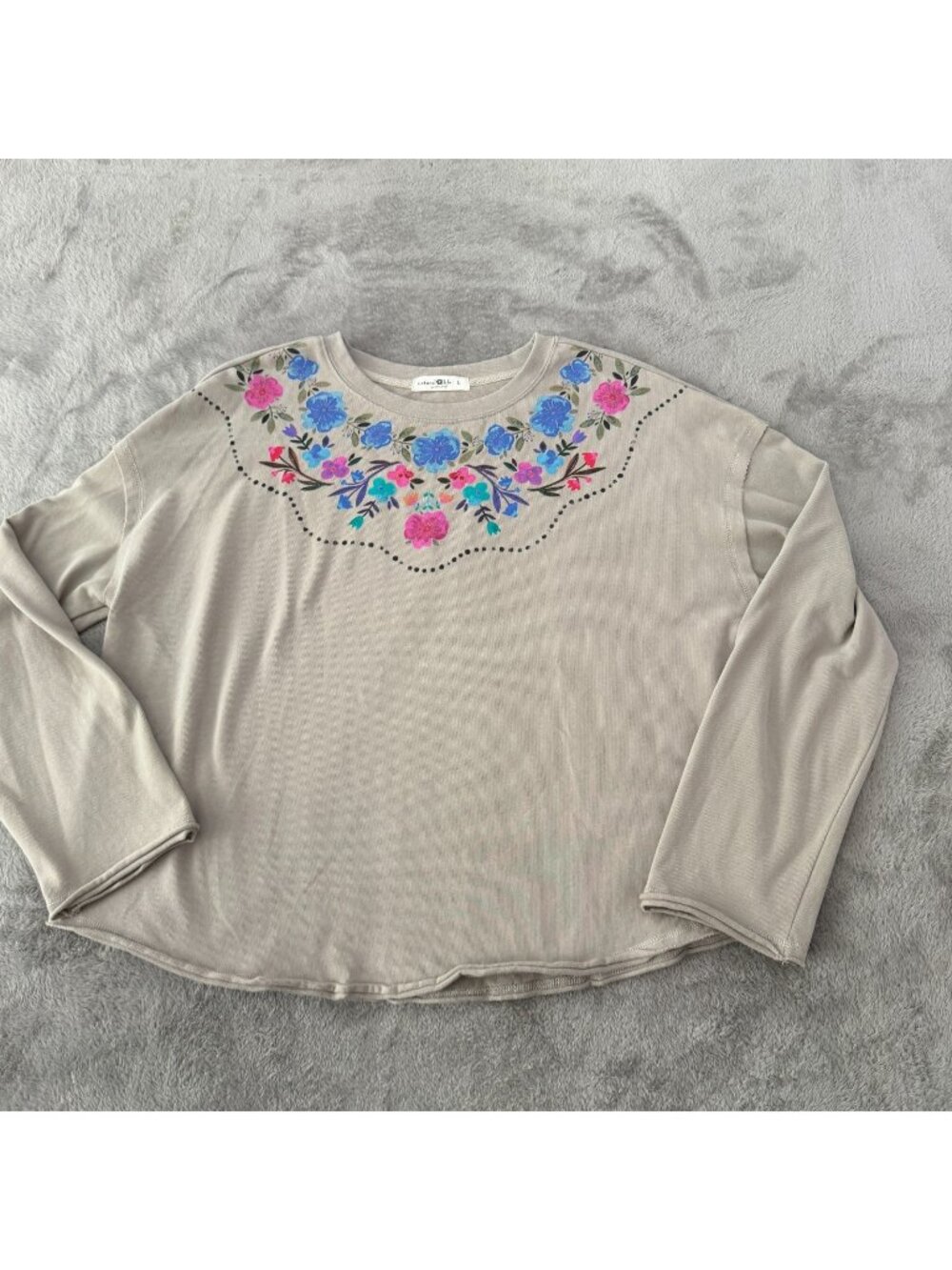 Natural Life Long Sleeve Embroidered Pullover Sweater Taupe LARGE